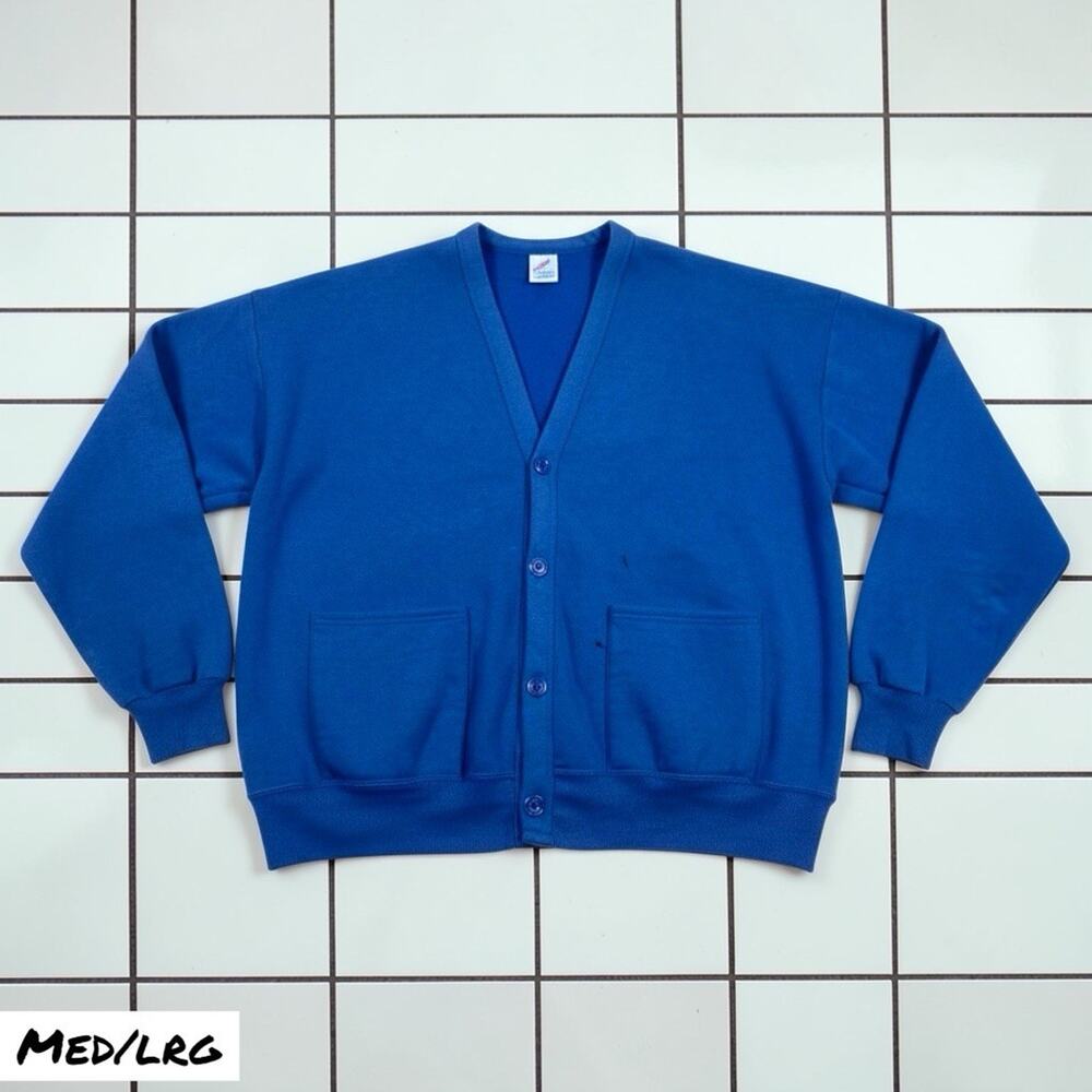 Vintage JERZEES Cardigan Sweater Mens MED/LRG Blue Button Essential 90s USA Made